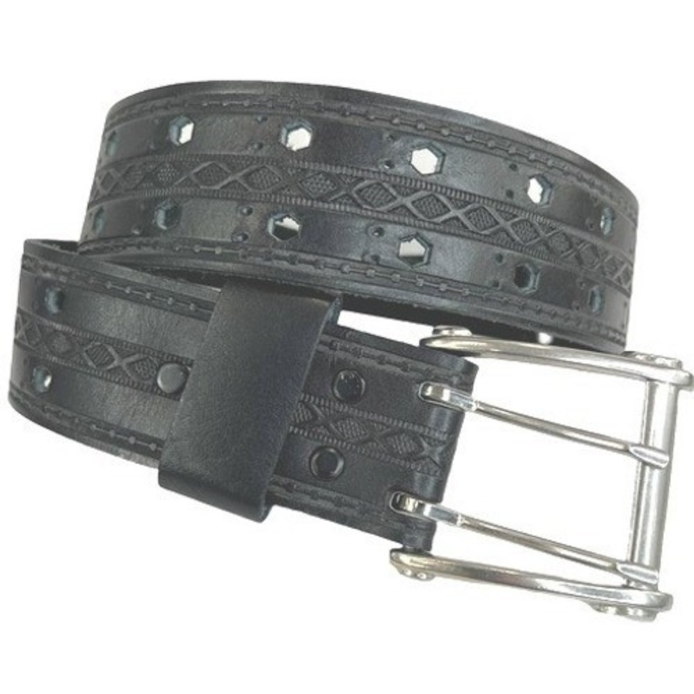 Saddle Leather Belt Double Prong Buckle‎ Black Womens L Embossed Western Goth